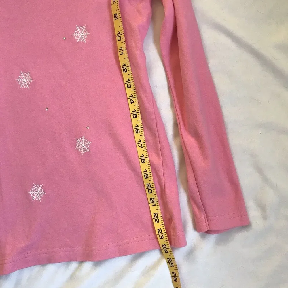 QUACKER FACTORY Top Large Pink Long Sleeve V-Neck Snowflakes SEQUINS EMBROIDERY